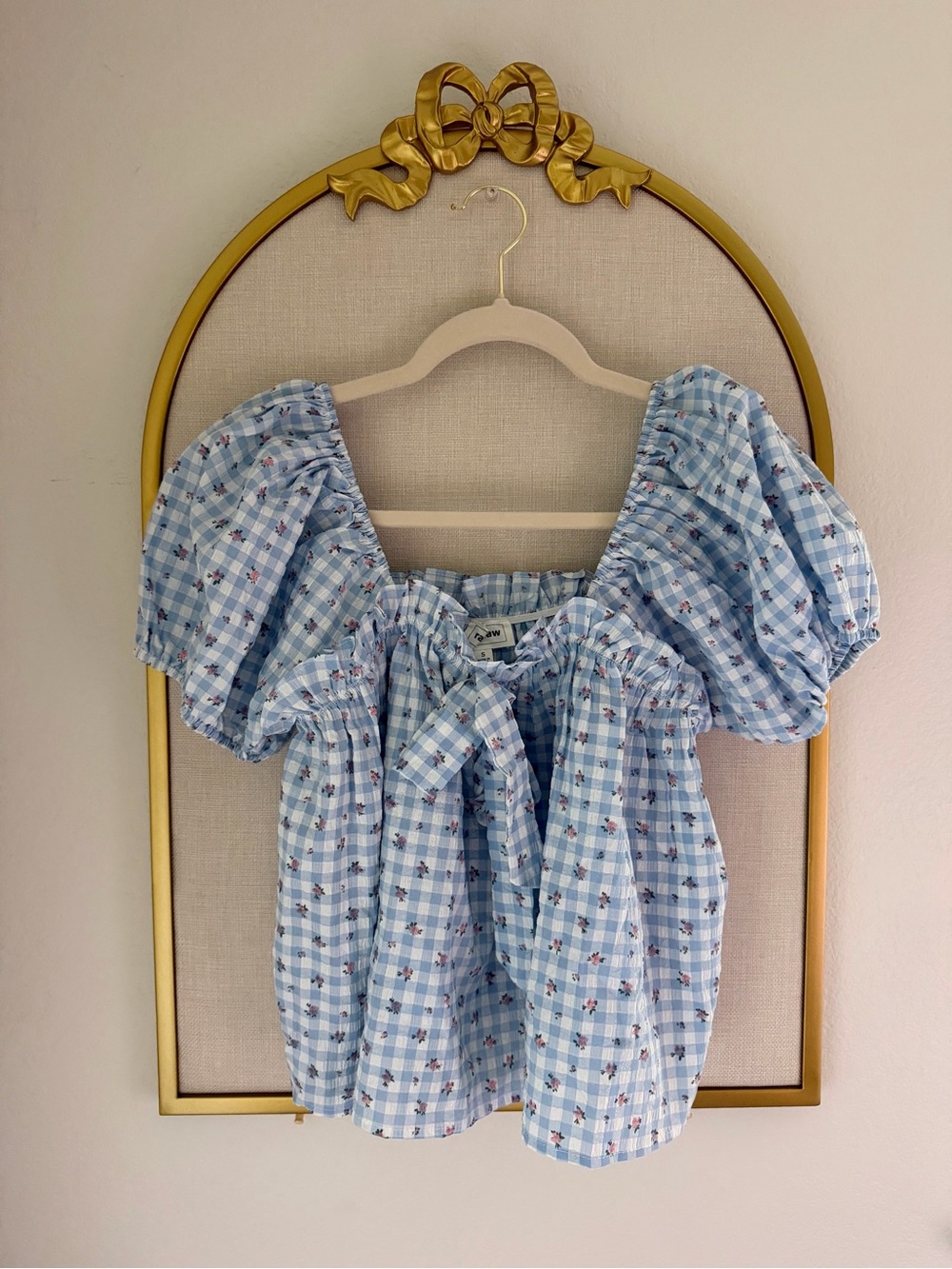 Blue Gingham Floral Pufff Sleeve Tie-Front Top & Shorts Set
